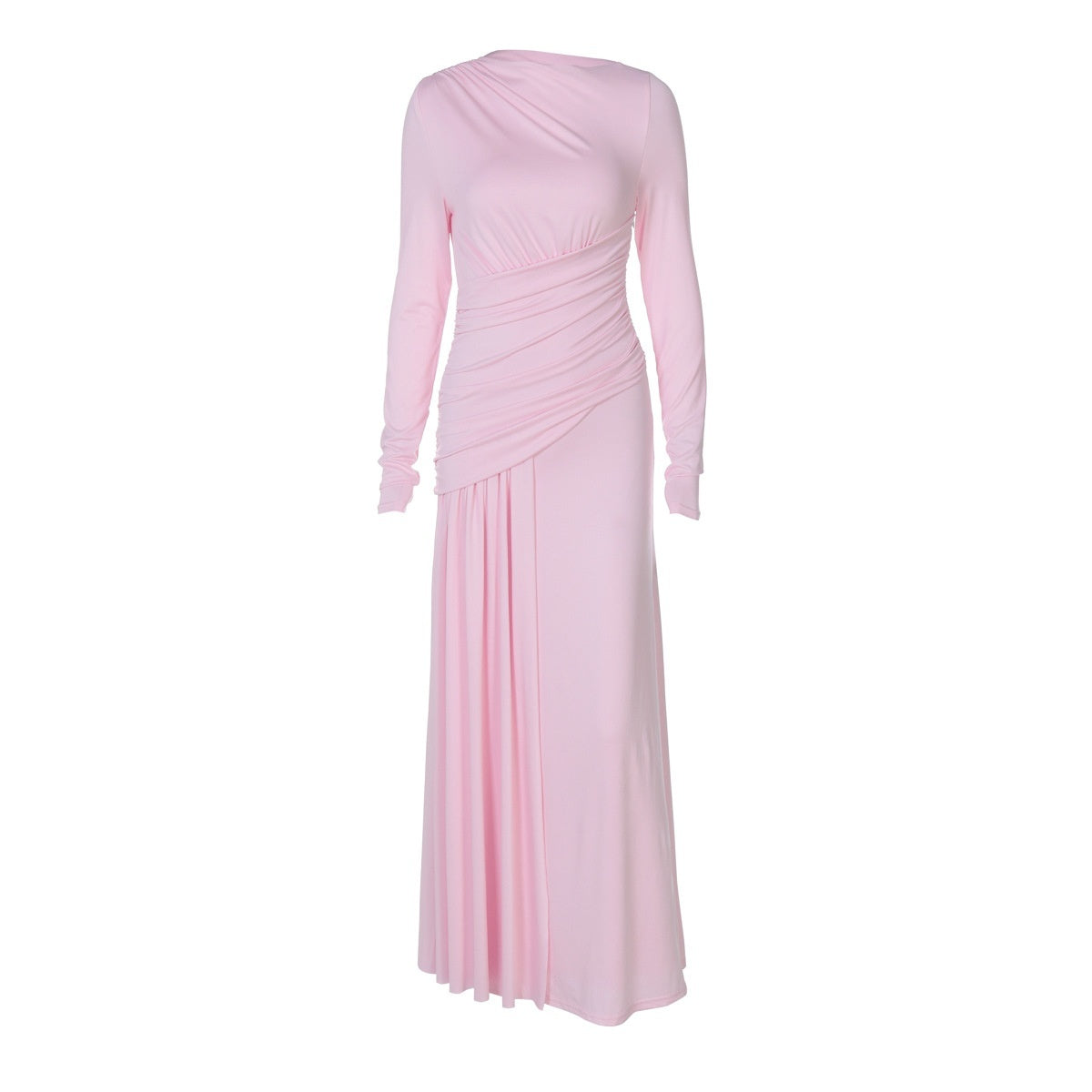 Elegant Slim Pleated Round-Neck Dress – Long Sleeve with Zipper