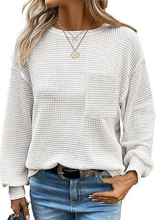 Women's Waffle Knit Top Long Sleeve Crew Neck Casual