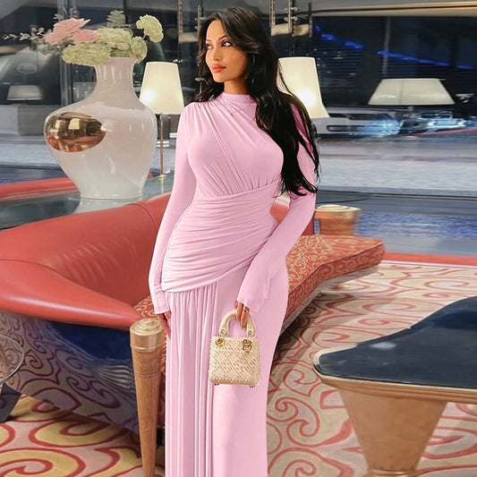 Elegant Slim Pleated Round-Neck Dress – Long Sleeve with Zipper