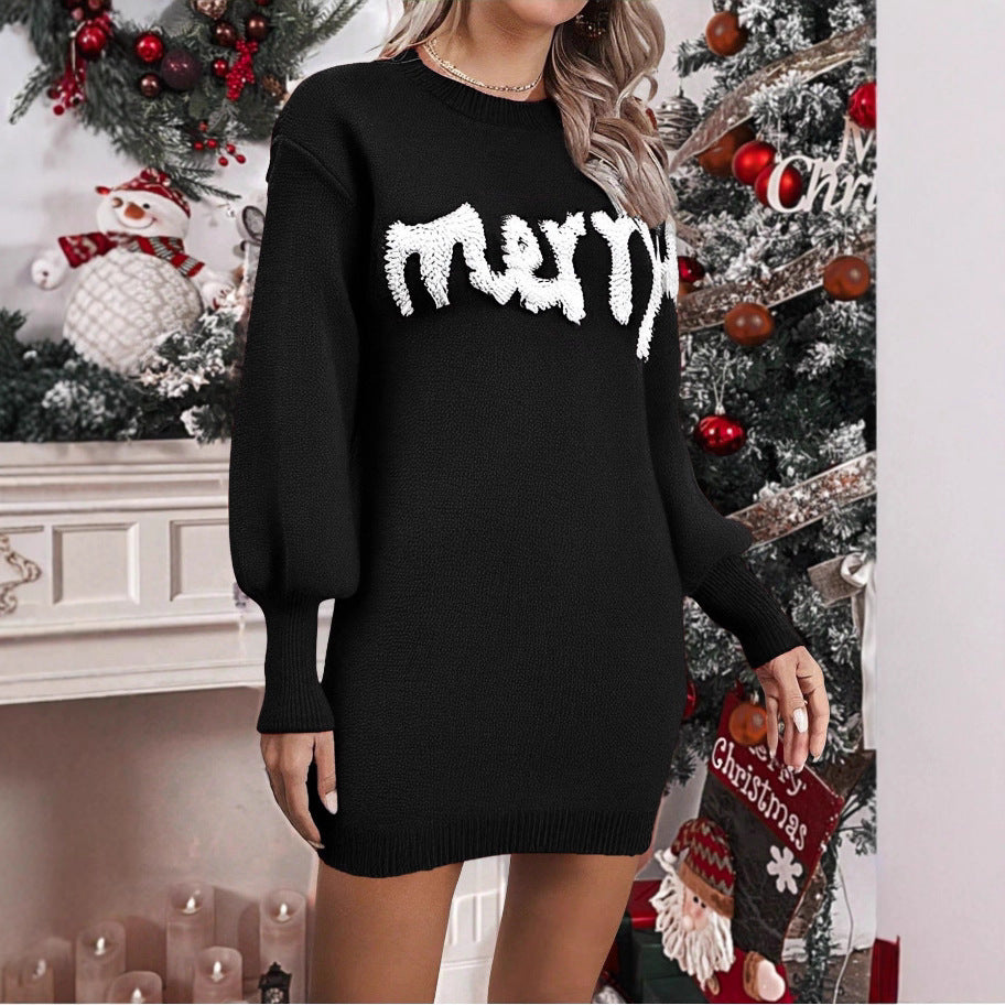 Women's Christmas Knitted Round Neck Sweater Dresses Lantern Sleeve Pullover Sheath Dress Elegant Loose New Year Party Dresses Fall Winter Knitted Sweater Jumper