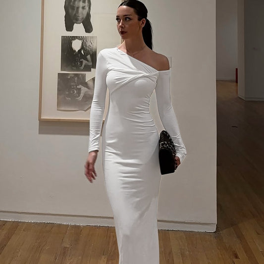 Women's Fashion Slim-fit Slant Shoulder Twist Solid Color Dress