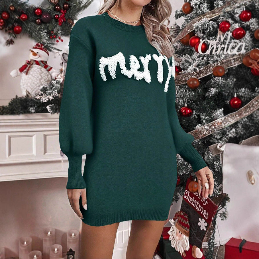 Women's Christmas Knitted Round Neck Sweater Dresses Lantern Sleeve Pullover Sheath Dress Elegant Loose New Year Party Dresses Fall Winter Knitted Sweater Jumper