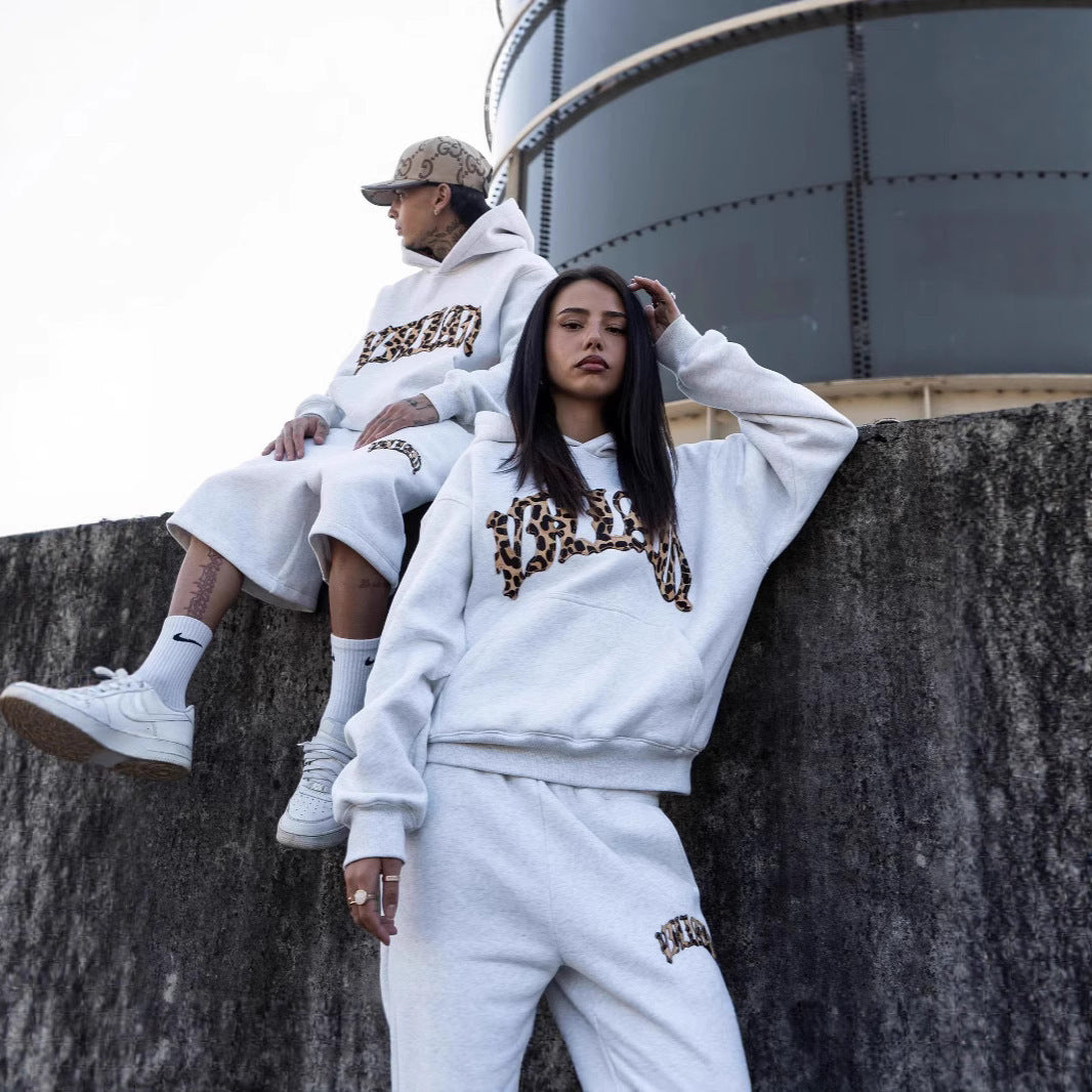 Leopard Print Letter Embroidery Hoodie – Street Casual Unisex Sweatshirt