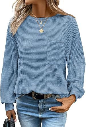 Women's Waffle Knit Top Long Sleeve Crew Neck Casual