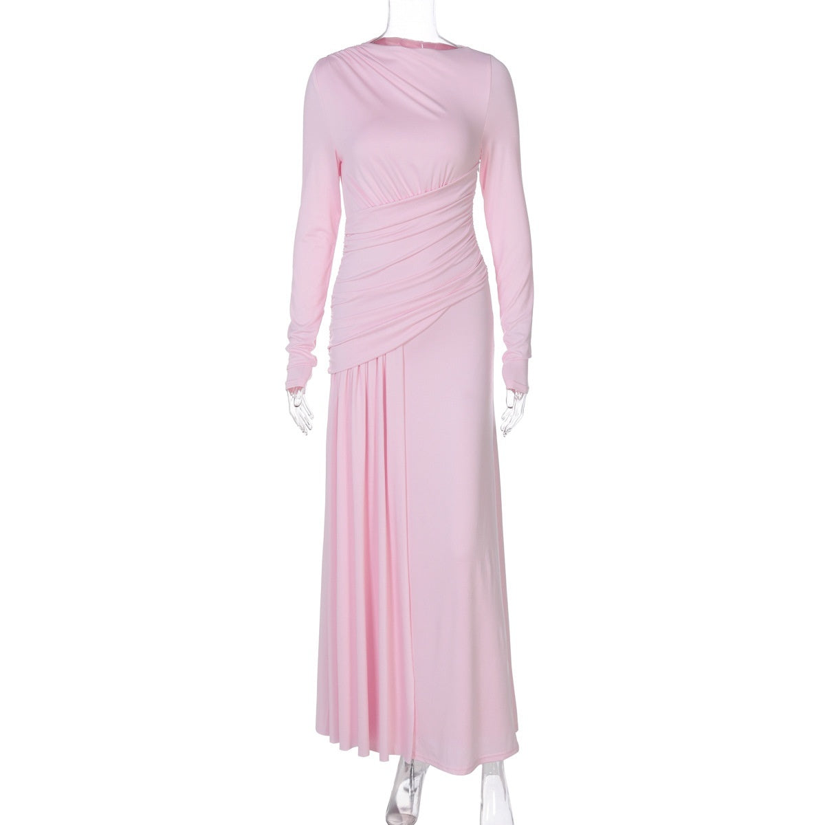 Elegant Slim Pleated Round-Neck Dress – Long Sleeve with Zipper
