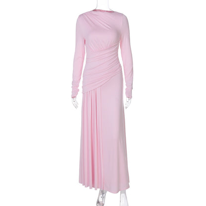 Elegant Slim Pleated Round-Neck Dress – Long Sleeve with Zipper